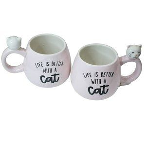 Set of 2 Life Is Better With a Cat Kitten Figurine Pink Ceramic‎ Coffee Mug 16oz